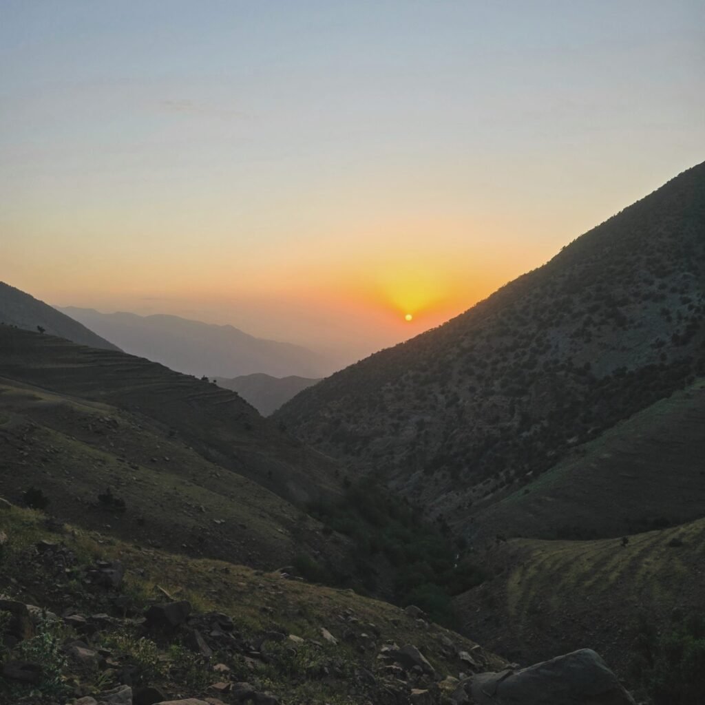 A beautiful sunset over a valley in the Atlas Mountains